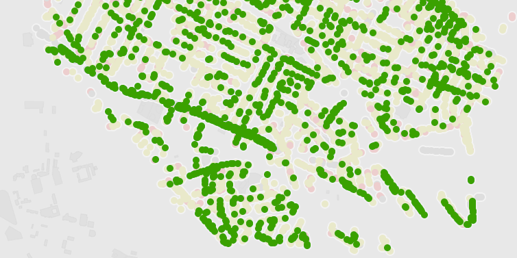 a map of somerville with healthy trees in green (created in TableauPublic)